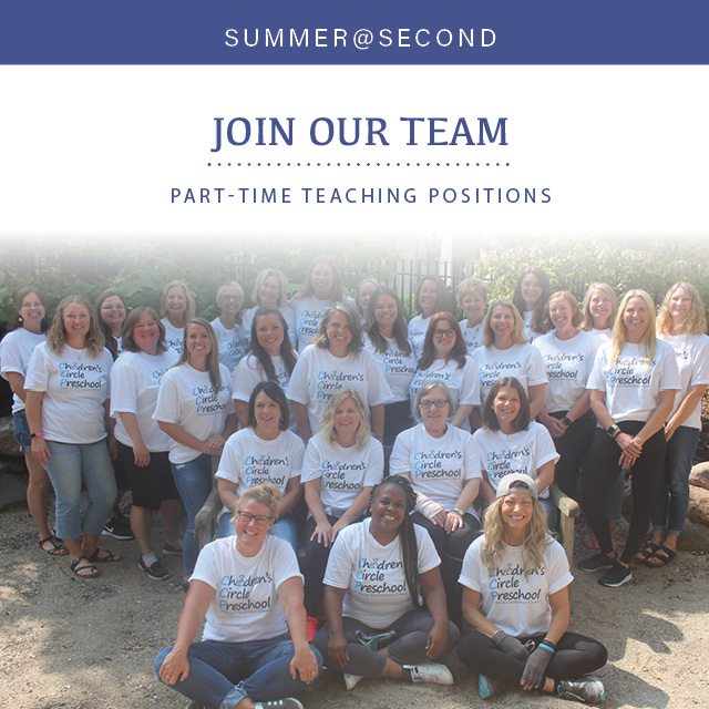Join our team!
Part-Time Teaching Positions with Children's Circle Preschool

Click here to learn about job openings at Second.
